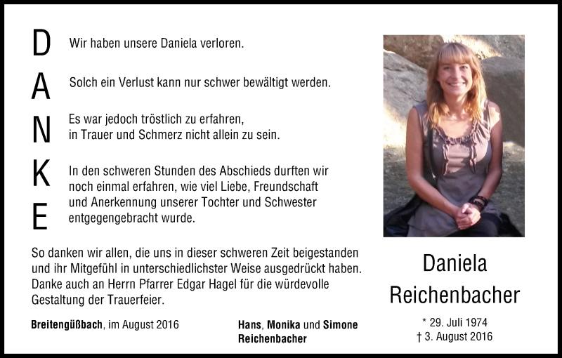  Traueranzeige für Daniela Reichenbacher vom 27.08.2016 aus MGO