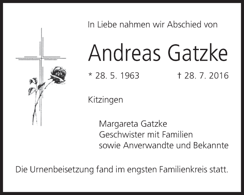  Traueranzeige für Andreas Gatzke vom 11.08.2016 aus MGO