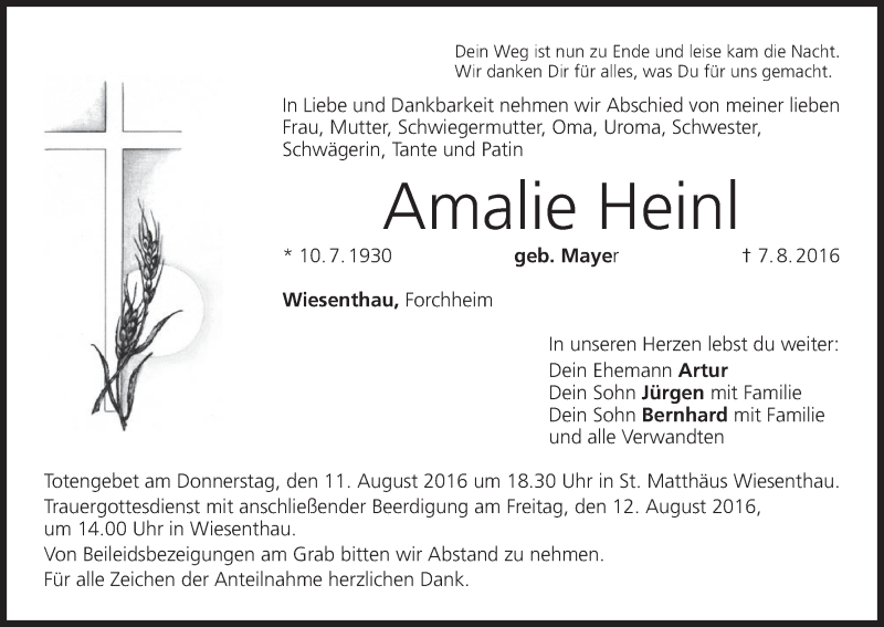  Traueranzeige für Amalie Heinl vom 10.08.2016 aus MGO