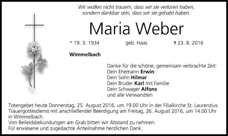  Traueranzeige für Maria Weber vom 25.08.2016 aus MGO