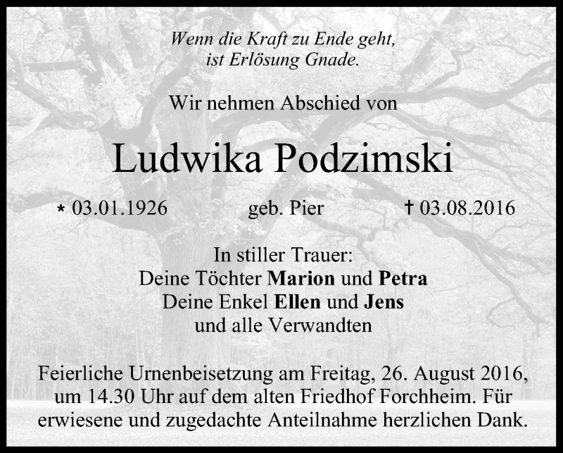  Traueranzeige für Ludwika Podzimski vom 24.08.2016 aus MGO
