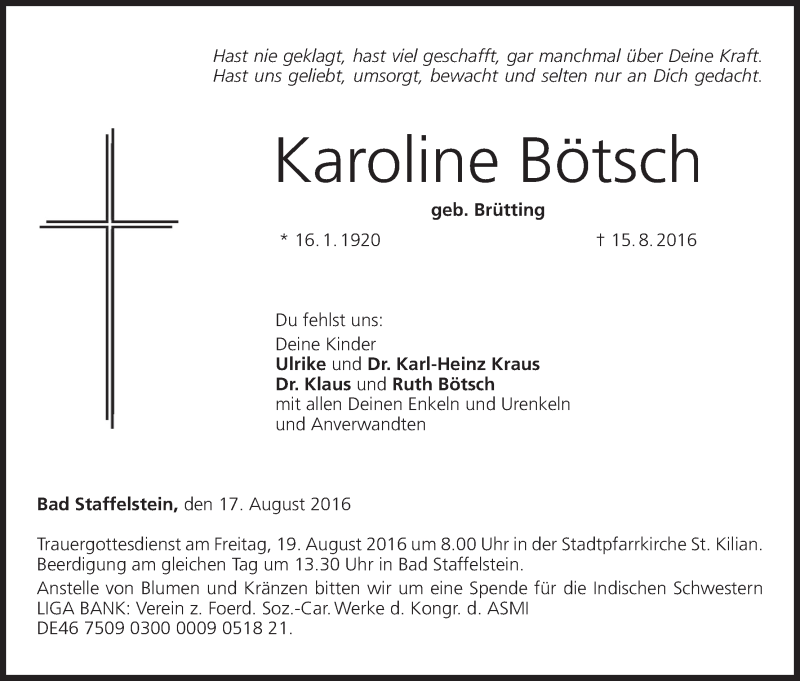  Traueranzeige für Karoline Bötsch vom 17.08.2016 aus MGO