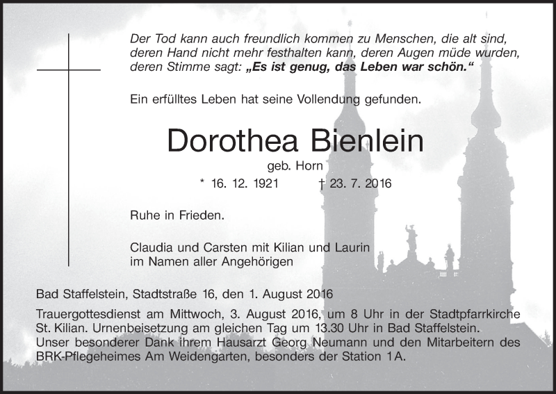  Traueranzeige für Dorothea Bienlein vom 01.08.2016 aus MGO