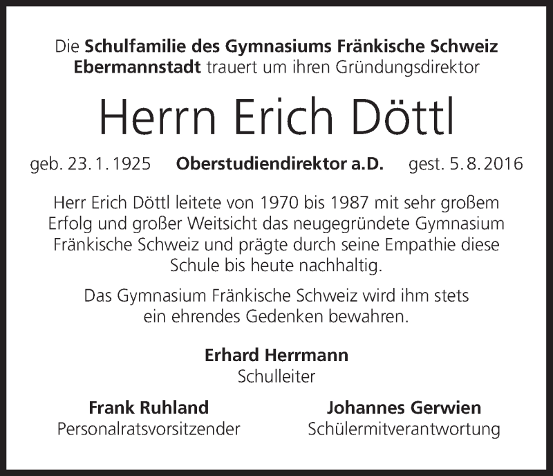  Traueranzeige für Erich Döttl vom 10.08.2016 aus MGO