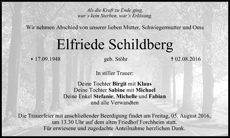  Traueranzeige für Elfriede Schildberg vom 04.08.2016 aus MGO