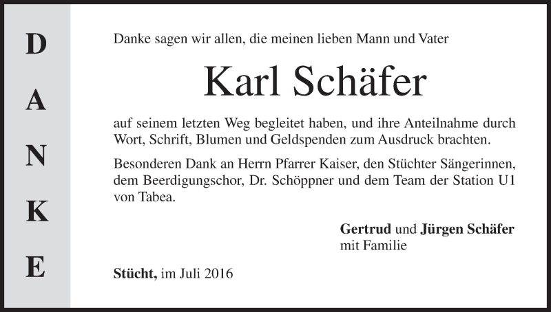  Traueranzeige für Karl Schäfer vom 03.08.2016 aus MGO