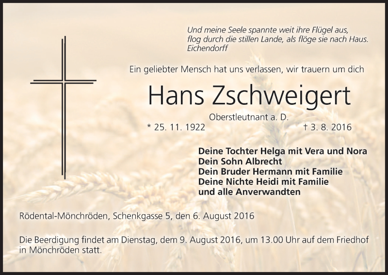  Traueranzeige für Hans Zschweigert vom 06.08.2016 aus MGO