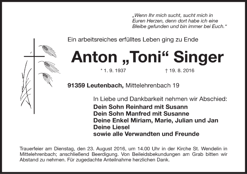  Traueranzeige für Anton Singer vom 22.08.2016 aus MGO