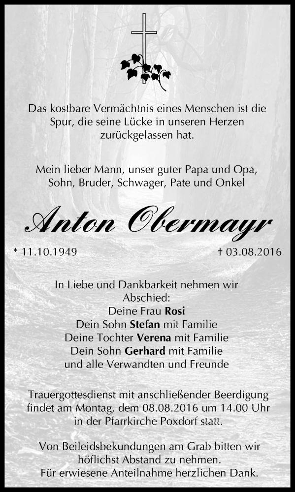  Traueranzeige für Anton Obermayr vom 05.08.2016 aus MGO
