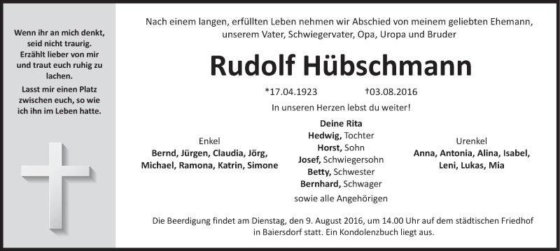  Traueranzeige für Rudolf Hübschmann vom 06.08.2016 aus MGO