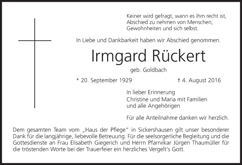  Traueranzeige für Irmgard Rückert vom 20.08.2016 aus MGO