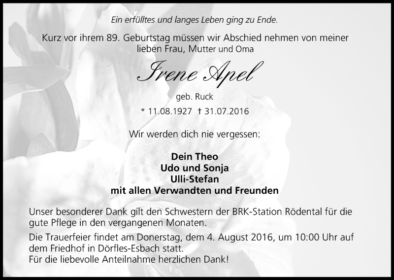  Traueranzeige für Irene Apel vom 02.08.2016 aus MGO
