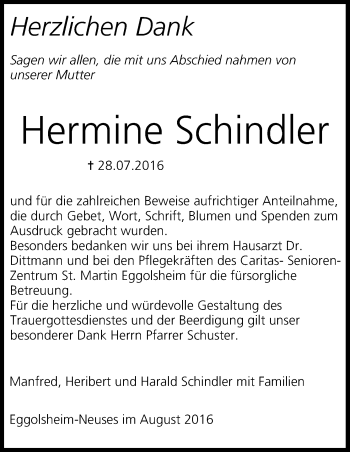 Anzeige von Hermine Schindler von MGO