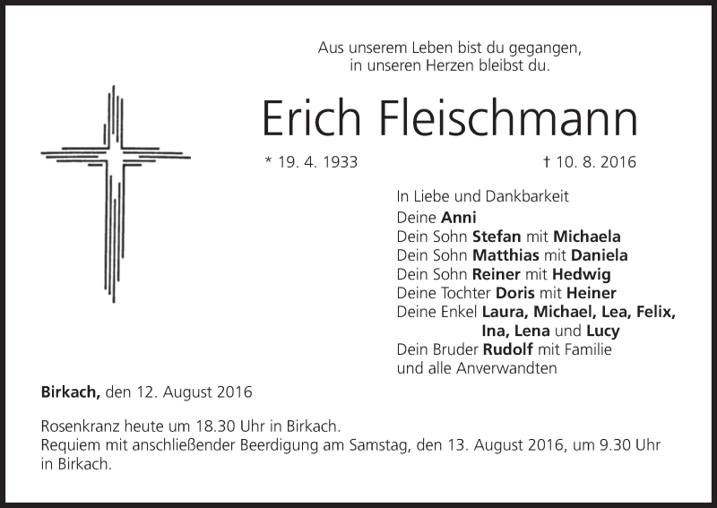  Traueranzeige für Erich Fleischmann vom 12.08.2016 aus MGO