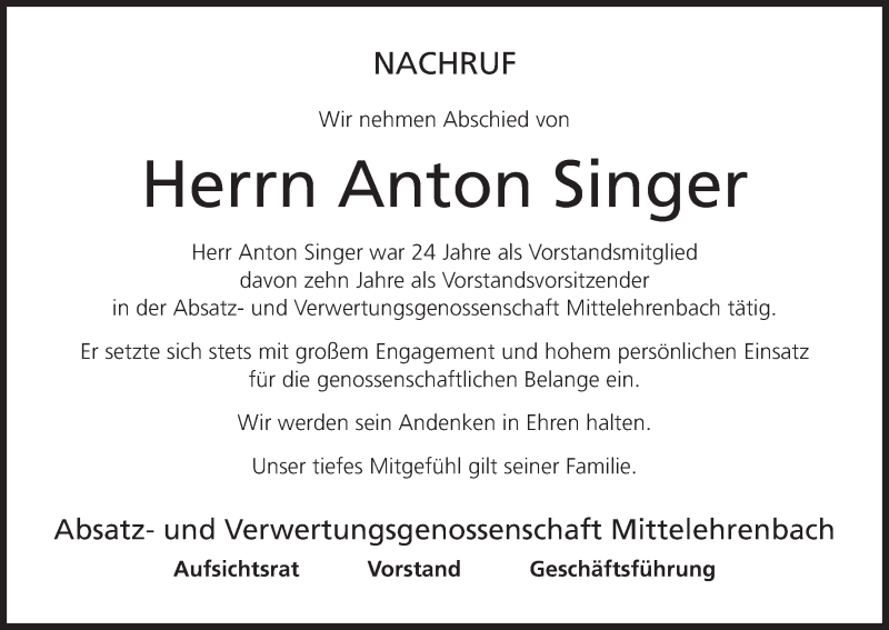  Traueranzeige für Anton Singer vom 25.08.2016 aus MGO