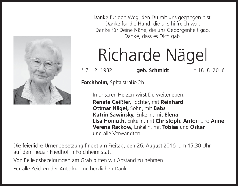 Traueranzeige für Richarde Nägel vom 20.08.2016 aus MGO