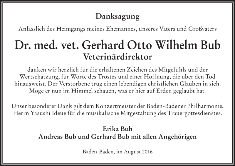  Traueranzeige für Gerhard Otto Wilhelm Bub vom 04.08.2016 aus MGO