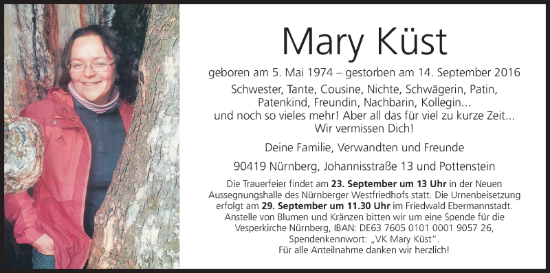  Traueranzeige für Mary Küst vom 21.09.2016 aus MGO