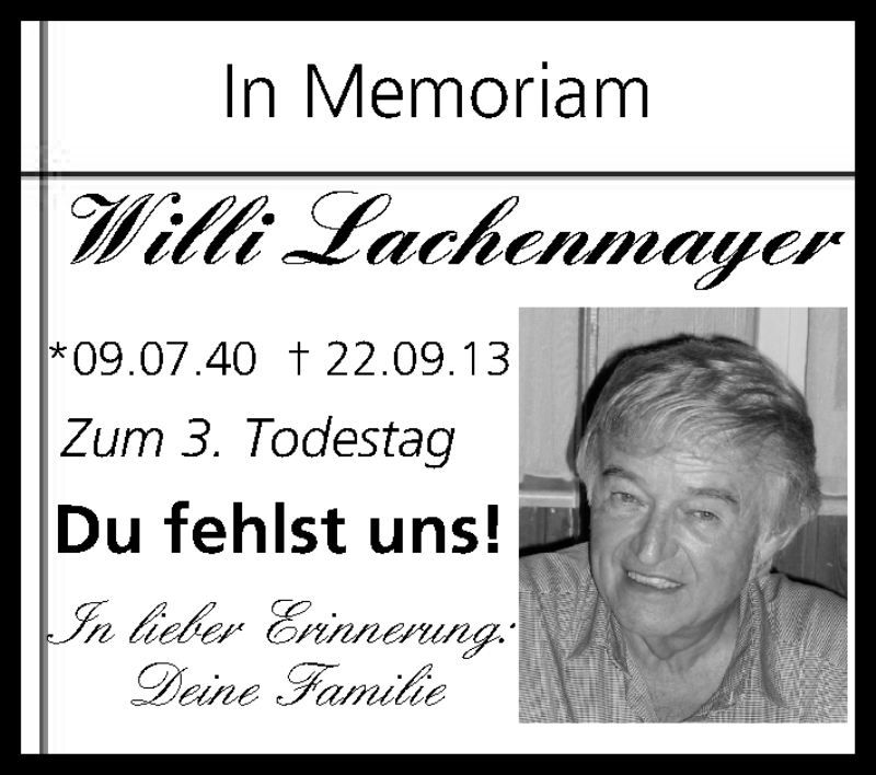  Traueranzeige für Willi Lachenmayer vom 24.09.2016 aus MGO
