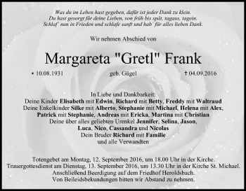 Anzeige von Margareta  Frank von MGO