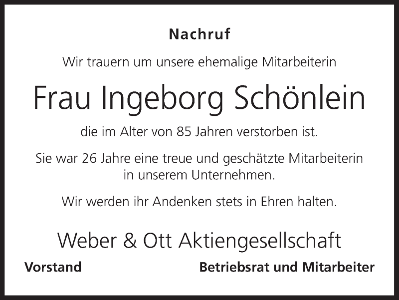  Traueranzeige für Ingeborg Schönlein vom 09.09.2016 aus MGO