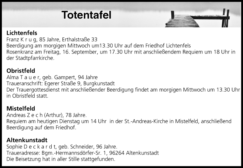  Traueranzeige für Totentafel vom 13.09.2016 vom 13.09.2016 aus MGO