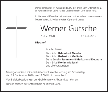 Anzeige von Werner Gutsche von MGO