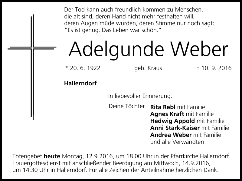  Traueranzeige für Adelgunde Weber vom 12.09.2016 aus MGO