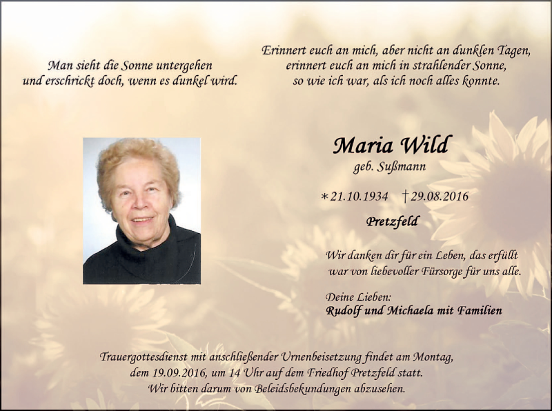  Traueranzeige für Maria Wild vom 16.09.2016 aus MGO