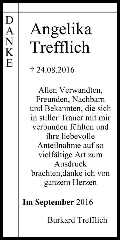  Traueranzeige für Angelika Trefflich vom 17.09.2016 aus MGO