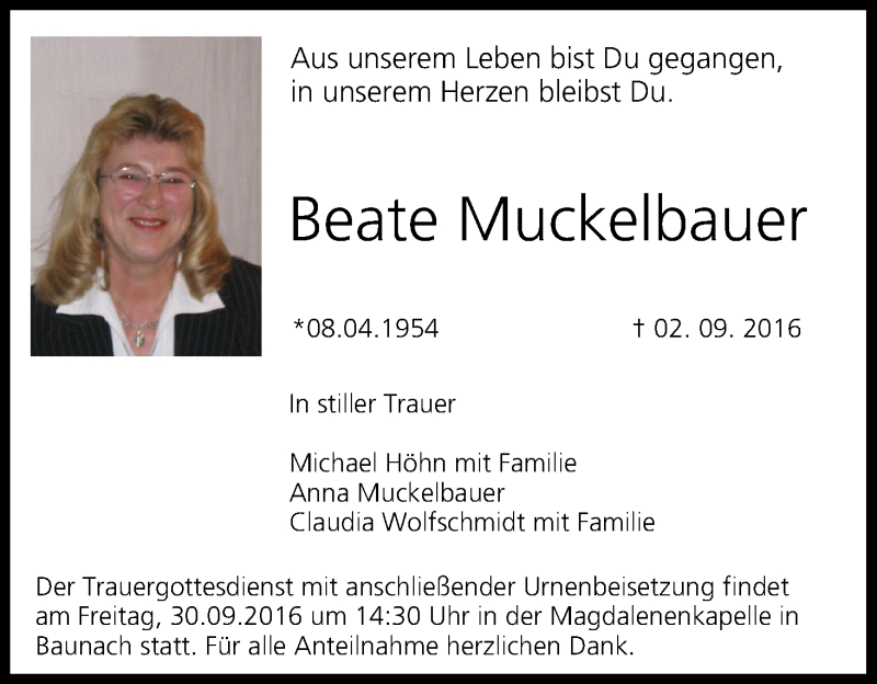  Traueranzeige für Beate Muckelbauer vom 29.09.2016 aus MGO