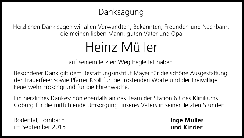  Traueranzeige für Heinz Müller vom 10.09.2016 aus MGO