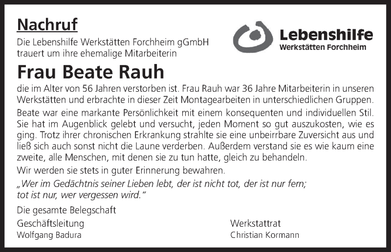  Traueranzeige für Beate Rauh vom 15.09.2016 aus MGO