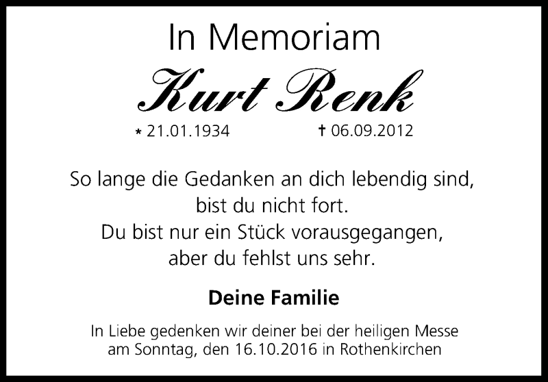  Traueranzeige für Kurt Renk vom 06.09.2016 aus MGO