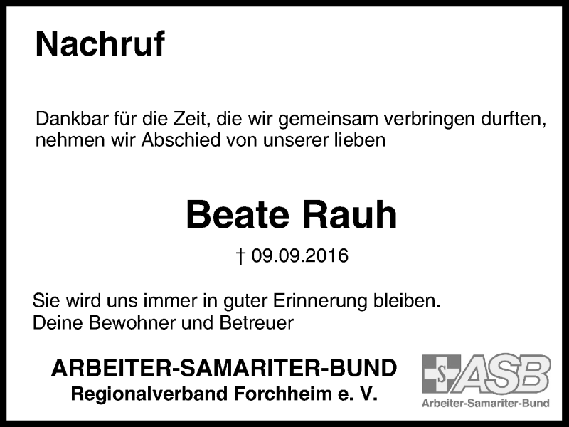  Traueranzeige für Beate Rauh vom 24.09.2016 aus MGO