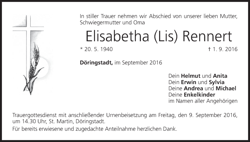  Traueranzeige für Elisabetha Lis Rennert vom 07.09.2016 aus MGO