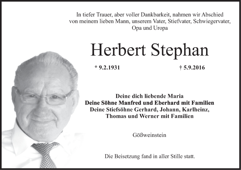  Traueranzeige für Herbert Stephan vom 15.09.2016 aus MGO