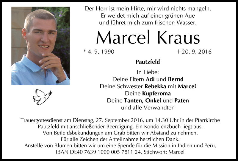  Traueranzeige für Marcel Kraus vom 24.09.2016 aus MGO