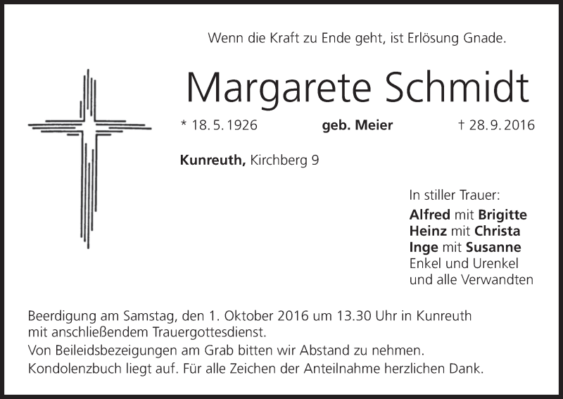  Traueranzeige für Margarete Schmidt vom 30.09.2016 aus MGO