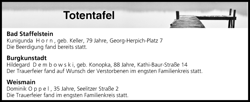  Traueranzeige für Totentafel vom 27.09.2016 vom 27.09.2016 aus MGO