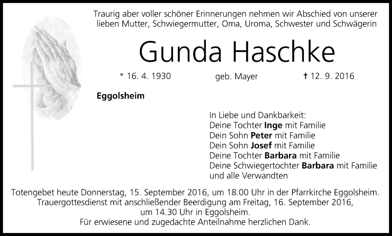  Traueranzeige für Gunda Haschke vom 15.09.2016 aus MGO