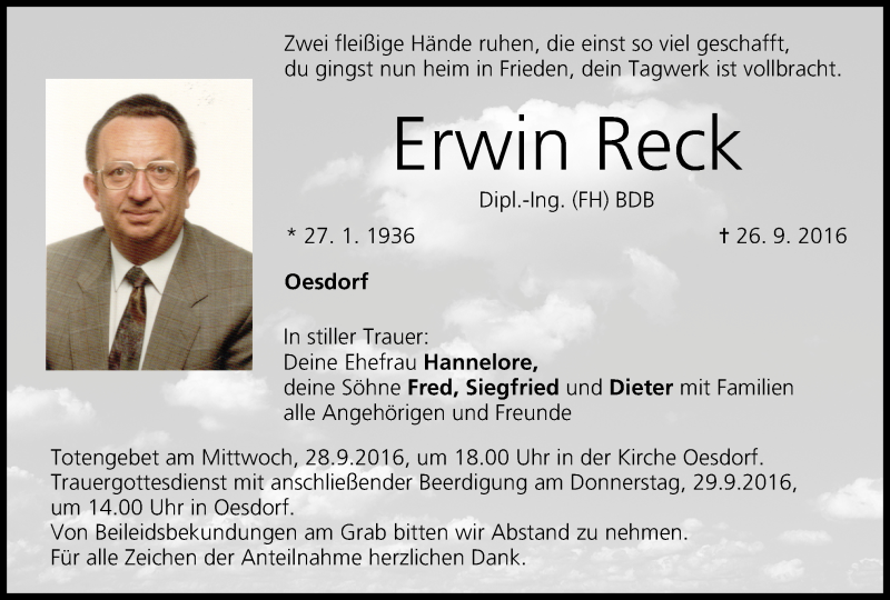  Traueranzeige für Erwin Reck vom 27.09.2016 aus MGO