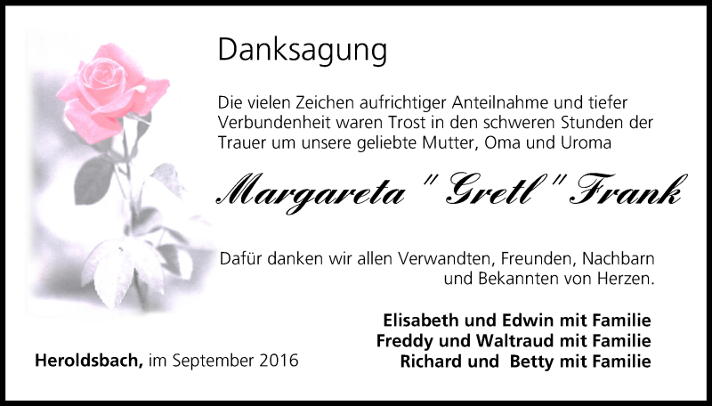  Traueranzeige für Margareta  Frank vom 17.09.2016 aus MGO