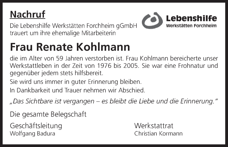  Traueranzeige für Renate Kohlmann vom 13.09.2016 aus MGO