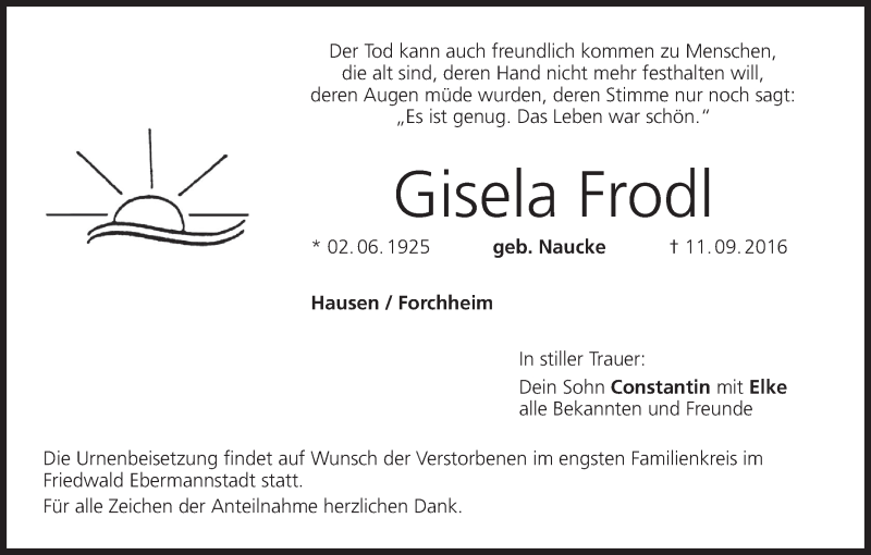  Traueranzeige für Gisela Frodl vom 24.09.2016 aus MGO