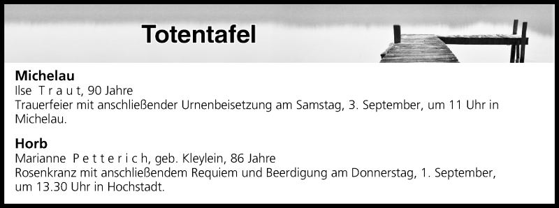  Traueranzeige für Totentafel vom 01.09.2016 vom 01.09.2016 aus MGO