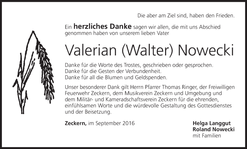  Traueranzeige für Valerian Nowecki vom 10.09.2016 aus MGO