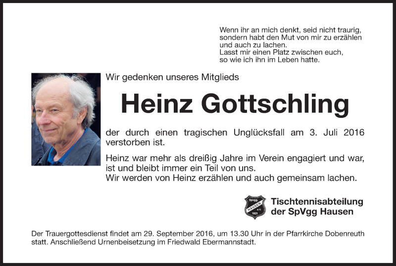  Traueranzeige für Heinz Gottschling vom 24.09.2016 aus MGO
