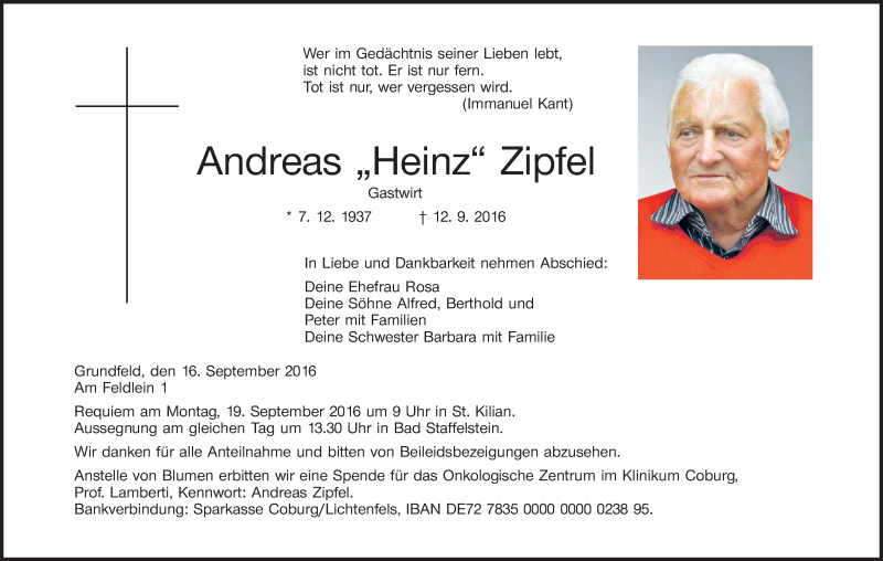  Traueranzeige für Andreas  Zipfel vom 16.09.2016 aus MGO