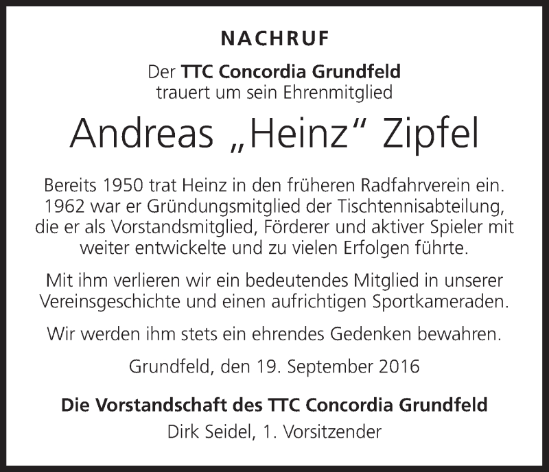  Traueranzeige für Andreas  Zipfel vom 19.09.2016 aus MGO